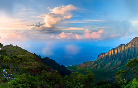 Sunset in the Hawaiian Islands over napali coast.