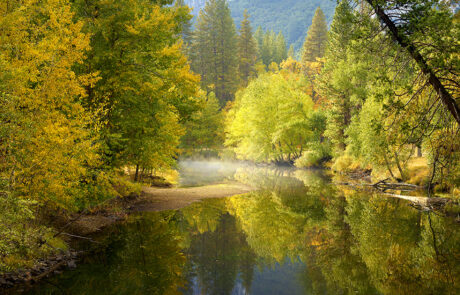 A calming scene of the Merced river in Yosemite national park.