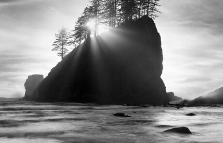 A beautiful black and white fine art photograph in Olympic National Park of off shore rocks on La Push beach.