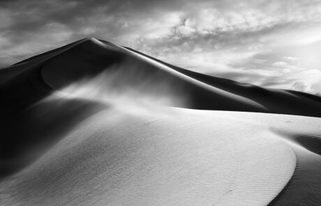 Black and White photograph of the Death Valley sand dunes.