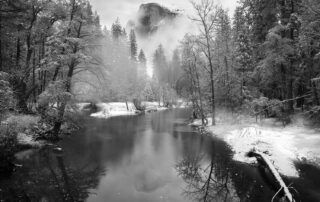 A beautiful fine art black and white photograph of Half Dome in Yosemite National Park.