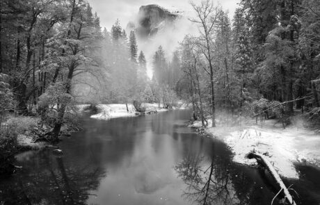 A beautiful fine art black and white photograph of Half Dome in Yosemite National Park.