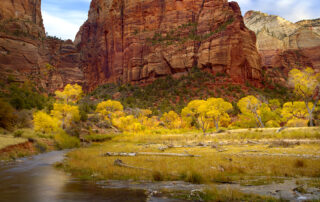 A beautiful autumn day in Zion National Park under the iconic Angels Landing.