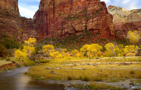 A beautiful autumn day in Zion National Park under the iconic Angels Landing.