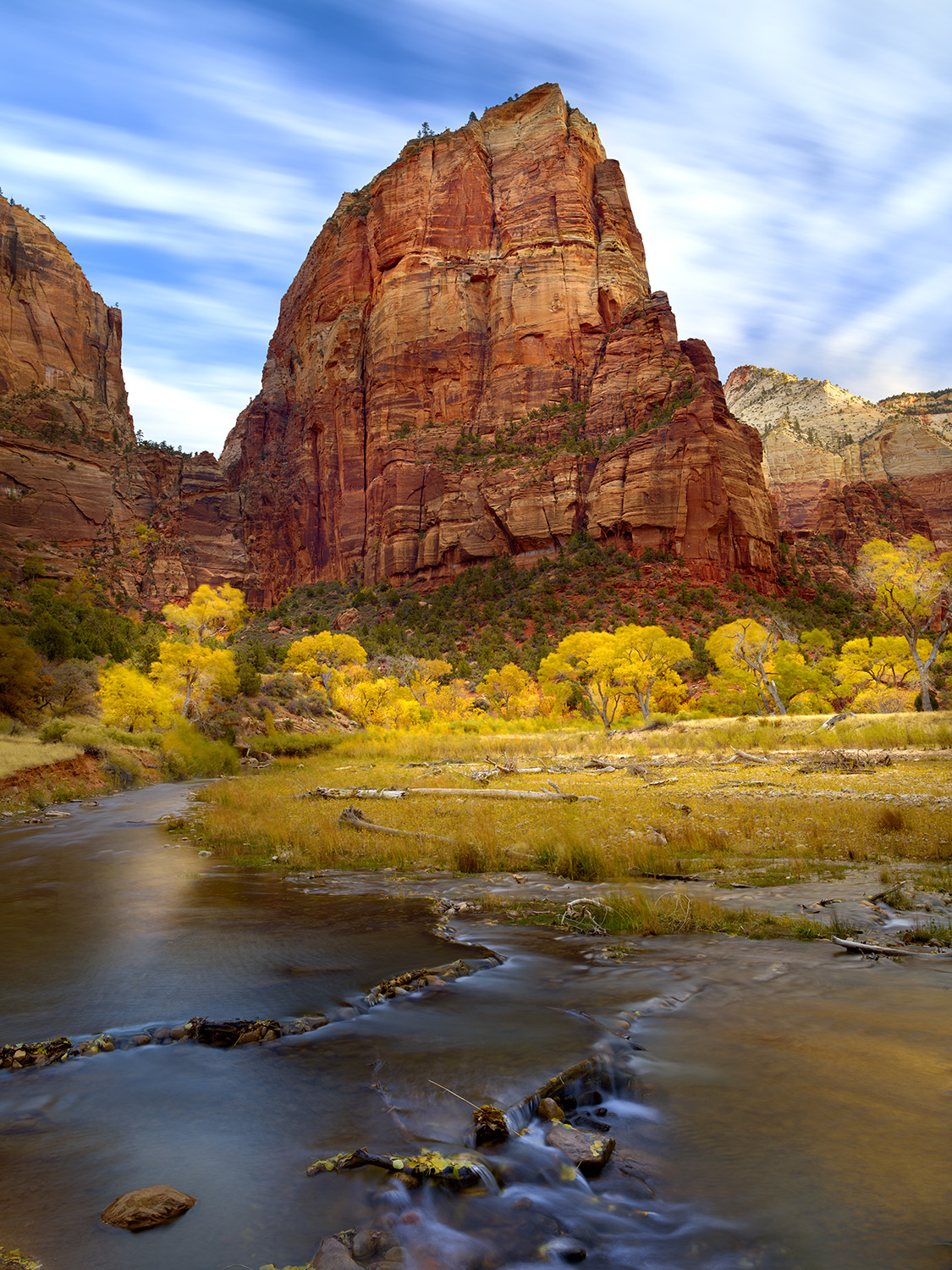 A beautiful autumn day in Zion National Park under the iconic Angels Landing.