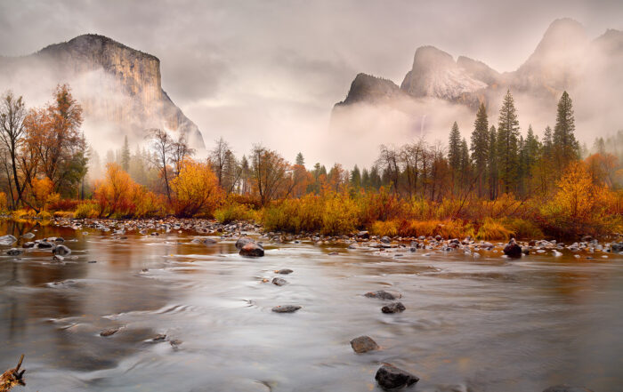 Yosemite National Park, a timeless treasure of dramatic cliffs, serene rivers, and vibrant autumn foliage, provided the perfect canvas for this image. Taken along the Merced River, this photograph showcases the park’s raw beauty at the end of fall, as the season transitions into winter. The golden hues of aspen and cottonwood trees, holding on to their last vibrant leaves, are juxtaposed against the looming granite monoliths veiled in mist, creating a dreamlike atmosphere.