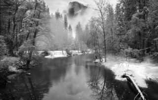 A beautiful fine art black and white photograph of Half Dome in Yosemite National Park.