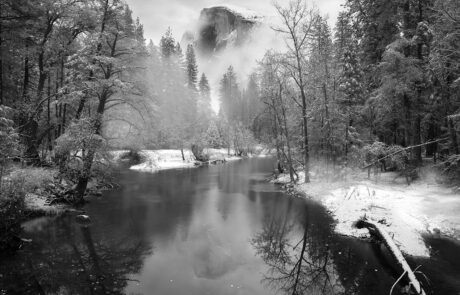 A beautiful fine art black and white photograph of Half Dome in Yosemite National Park.