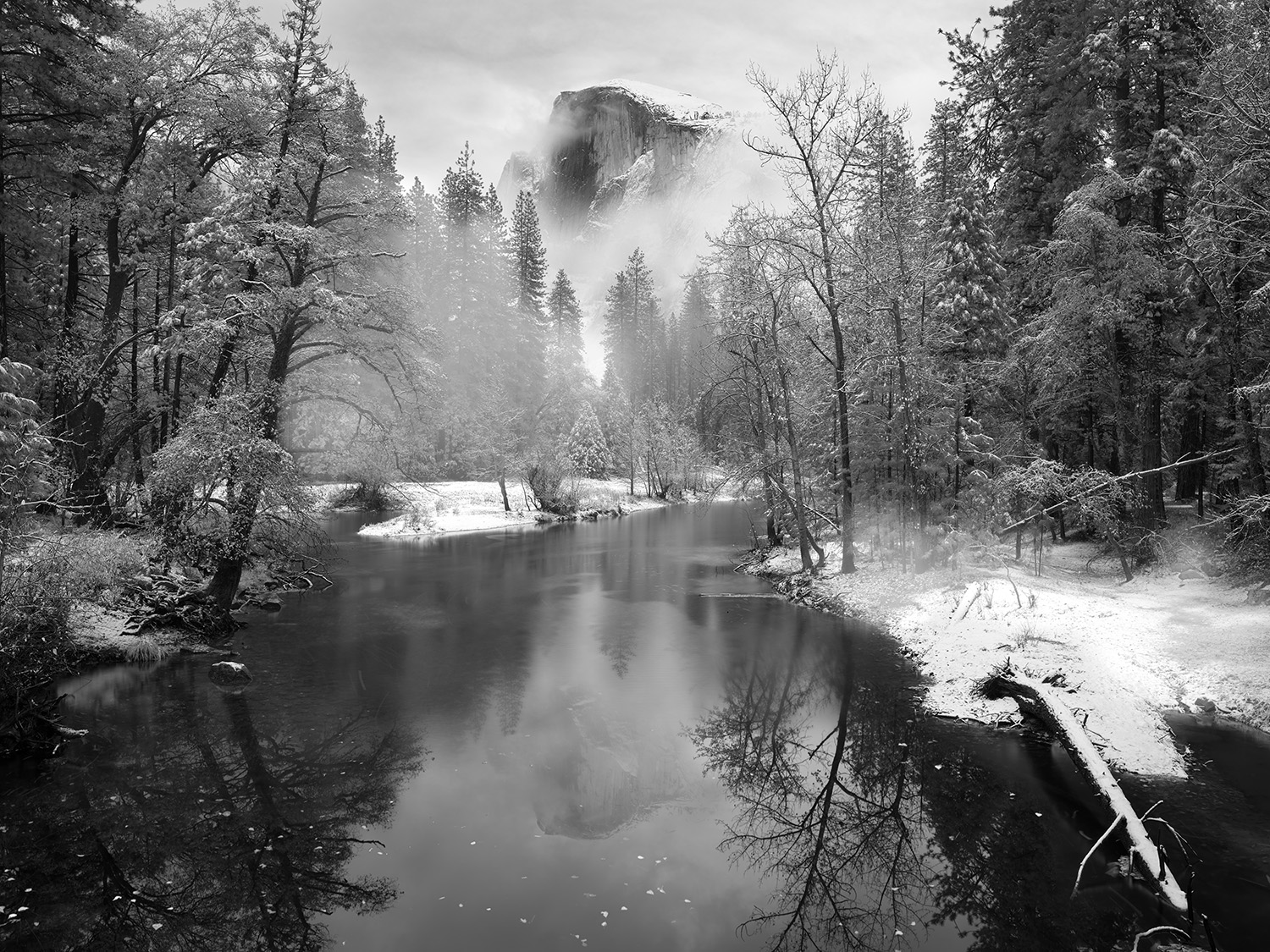 A beautiful fine art black and white photograph of Half Dome in Yosemite National Park.